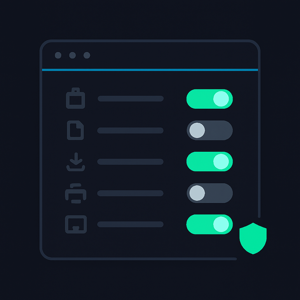 Browser data-loss-prevention panel with policy toggles for copy, paste, download, print, and screenshot